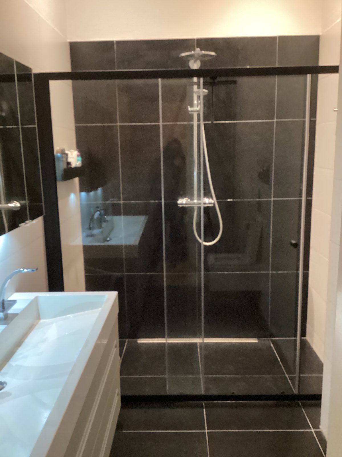 Badkamer met zwarte tegels, glazen douchewand en regendouche